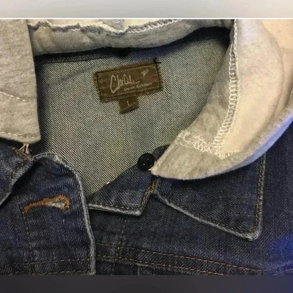 Woman Juniors CHIQLE blue Denim Gray Hoodie Sleeveless Jean Vest Sz Large EUC - Picture 3 of 3